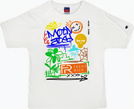 Champion x Focus Rich Clothing Motivated white t-shirt with symbols of resilience, focus, growth, and personal motivation